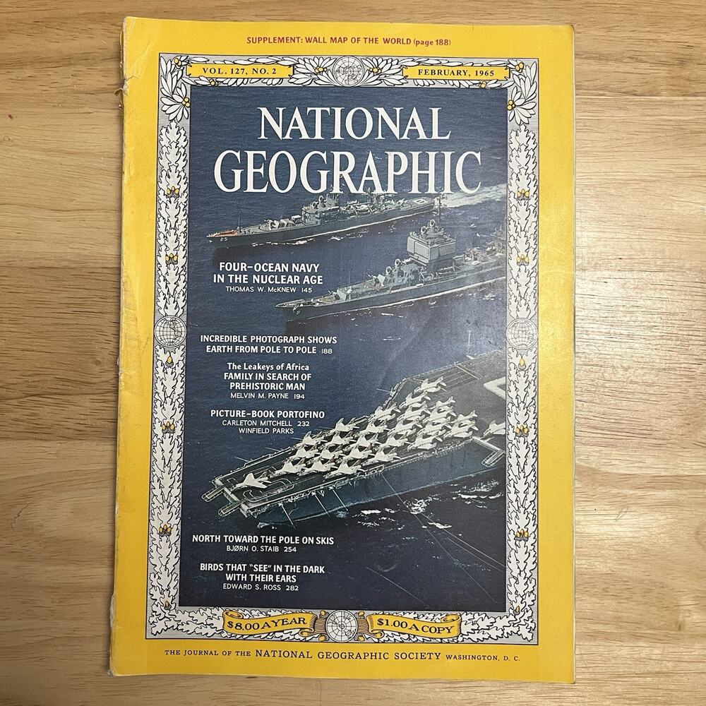Vintage National Geographic February 1965 Magazine Ocean Navy Leakey Coke Ad